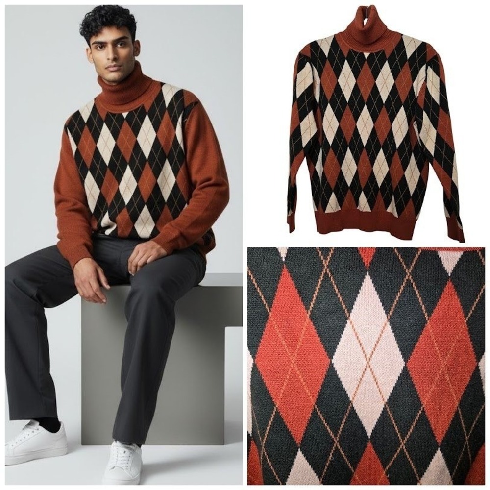 Paul‎ Jones Mens Argyle Turtleneck Sweater Orange Hunter Green Sz M